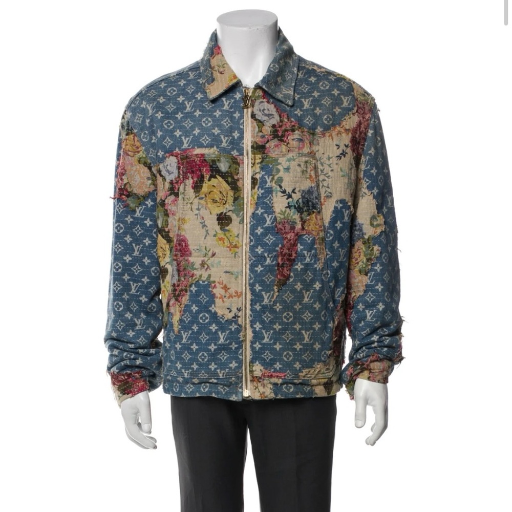 LOUIS VUITTON DISTRESSED DENIM MONOGRAM FLORAL WORKWEAR JACKET